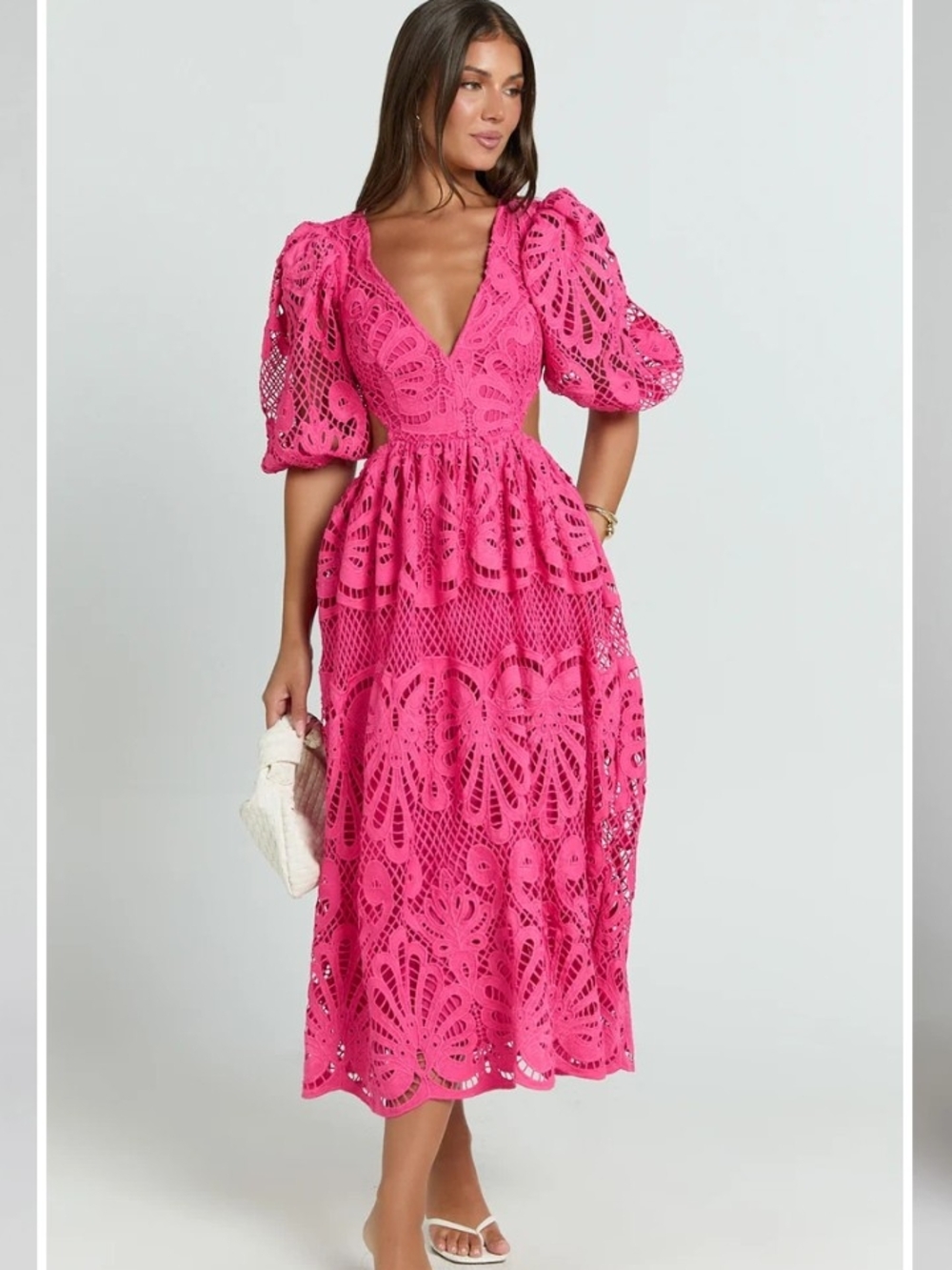 Vici Hot Pink Crochet Midi Dress with Puff Sleeves